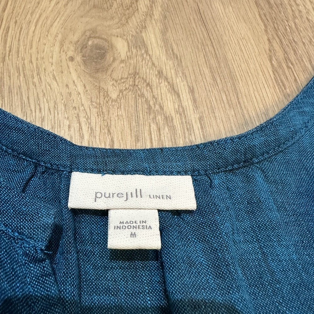 Pure Jill 100% Linen Oversized Tunic Top Blouse Blue Size M Coastal Beach - Picture 2 of 7